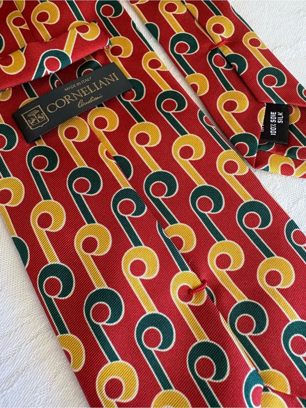 Vintage Corneliani 100% Silk Geometric Men's Tie Red Green Yellow Made in Italy